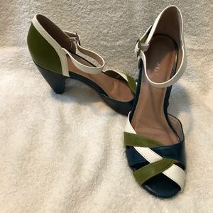 Cute retro peep toe heels in green, blue and white